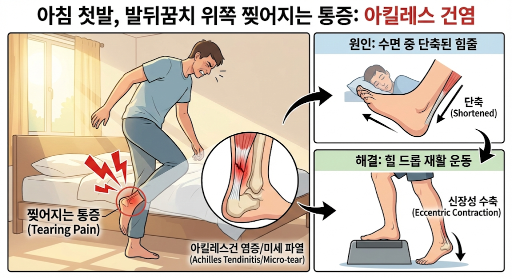 아침 첫발 디딜 때 발뒤꿈치 위쪽이 찢어지는 듯한 통증.