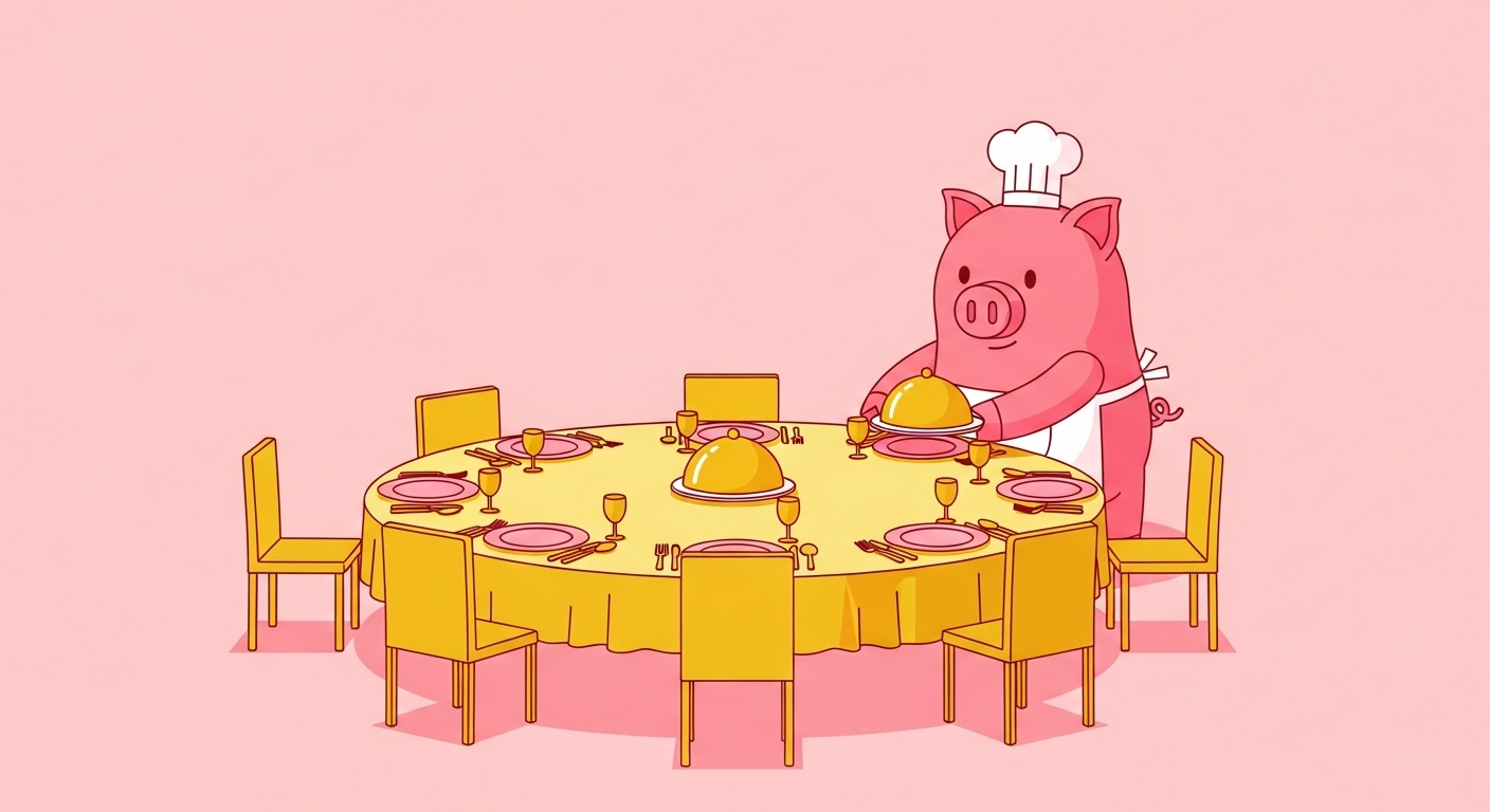 친구들과 함께 풍요로움을 나누기 위해 준비하는 돼지띠 캐릭터 일러스트