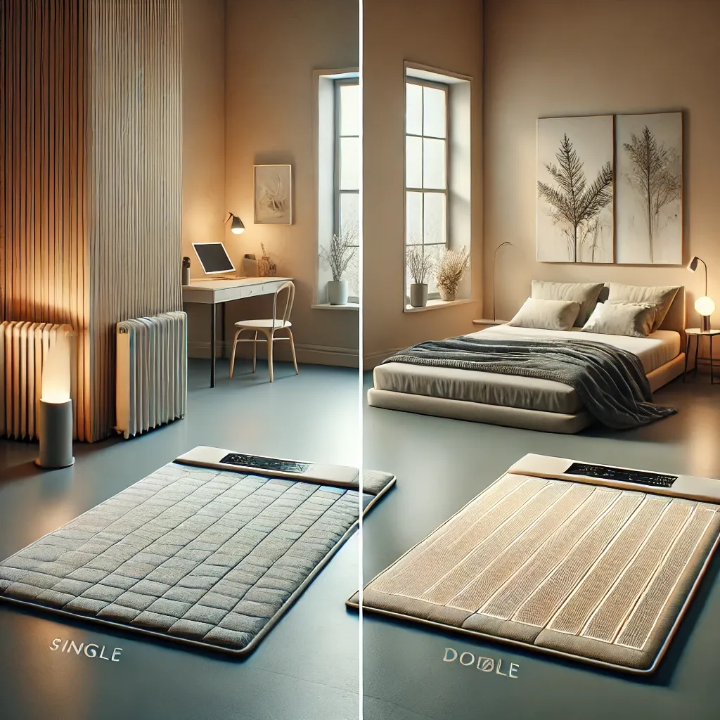 1인용 싱글 매트와 2인용 더블 매트가 각각 배치된 따뜻하고 실용적인 침실 모습