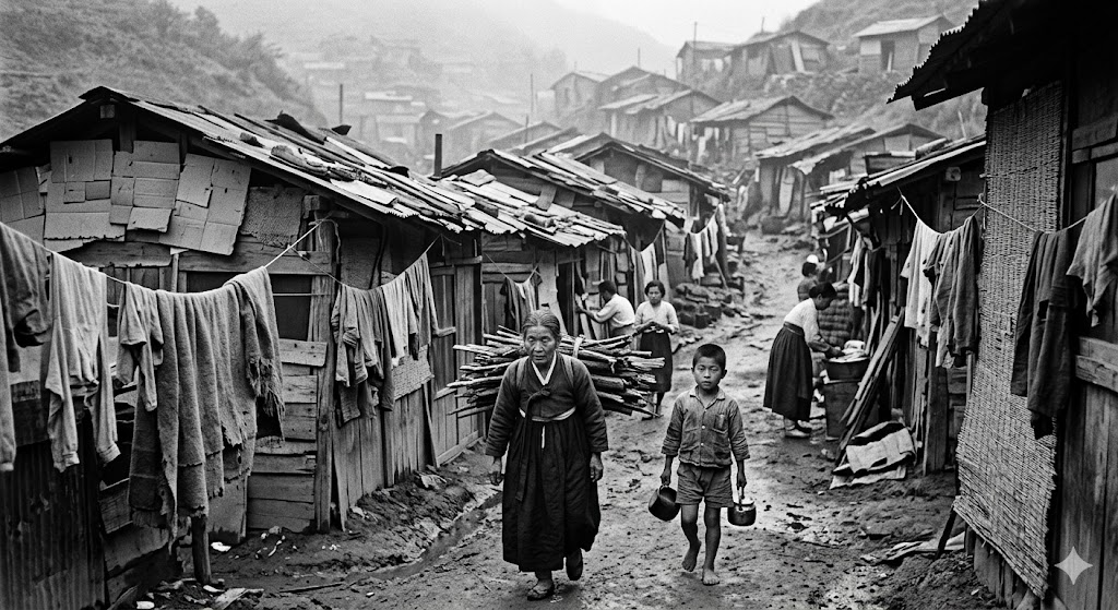 한국소설 그리움의 빛 배경이 되는 1950년대 피난민촌의 고단한 삶을 보여주는 낡은 판잣집과 좁은 골목길의 흑백 이미지
