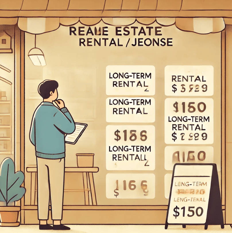 부동산 앞에서 전세 시세를 비교하는 전세 세입자