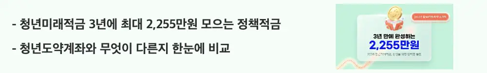 청년미래적금 가입조건: ’청년미래적금 3년에 최대 2,255만원 모으는 정책적금'라는 문구가 포함된 웹배너 이미지. 이 이미지는 청년미래적금의 핵심 혜택과 청년도약계좌와의 차이를 시각적으로 전달하며, 블로그의 청년미래적금 상품 개요 주제와 관련된 내용을 설명함