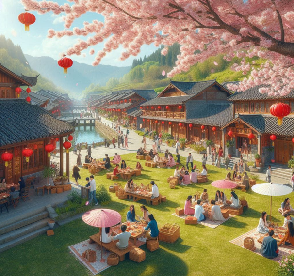 중국 봄 여행을 즐기고 있는 사람들