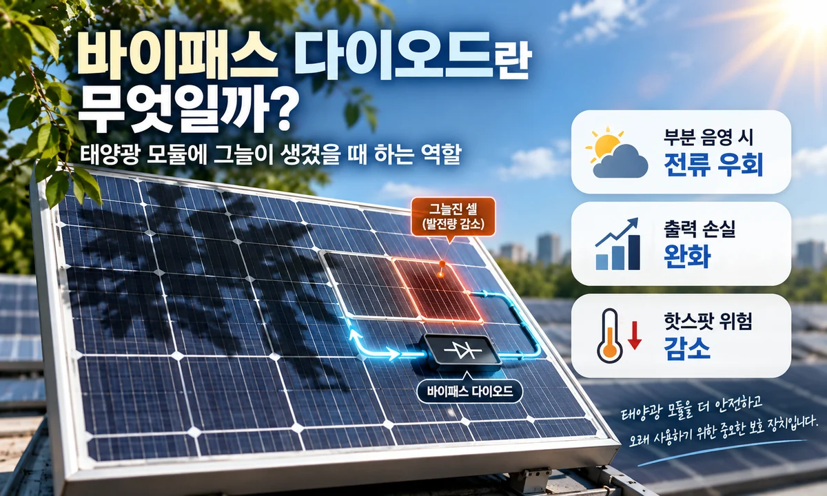 바이패스 다이오드의 개념과 태양광 모듈 부분 음영 시 전류 우회 원리를 설명하는 인포그래픽