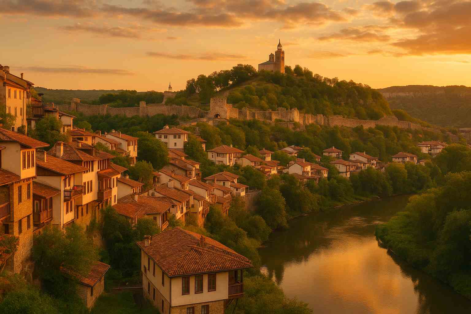 벨리코 터르노보의 차레베츠 요새와 붉은 지붕의 마을, 야니트사 강이 어우러진 석양 풍경