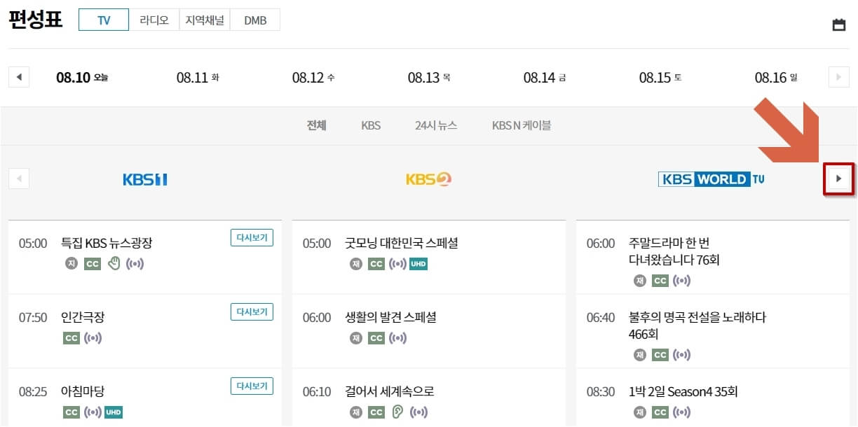 TV 및 라디오 등 각 채널 편성표