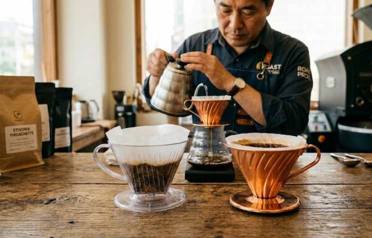 앤티크한 우드 테이블 위 투명한 플라스틱 드리퍼와 고가 구리 드리퍼의 시각적 대비. 배경에는 전문 로스터가 핸드드립을 내리는 모습이 담긴 고퀄리티 커피 추출 장면.