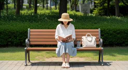 혼자 책을 들고 공원 벤치에 앉아 있는 여성