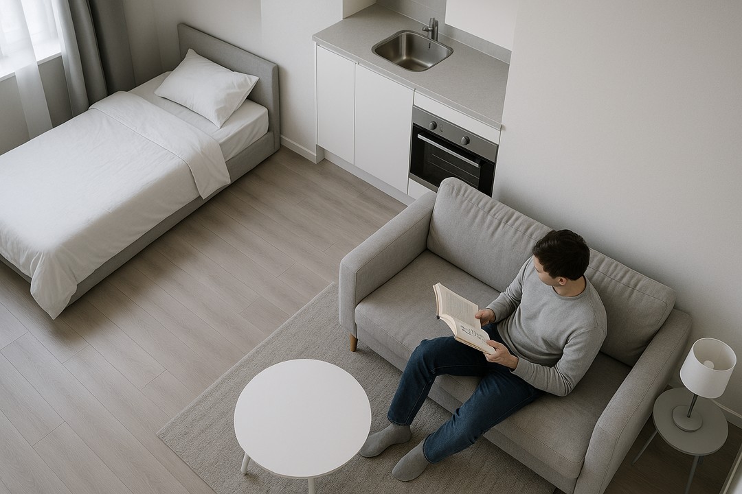 스튜디오형 원룸에서 소파에 앉아 있는 1인 가구