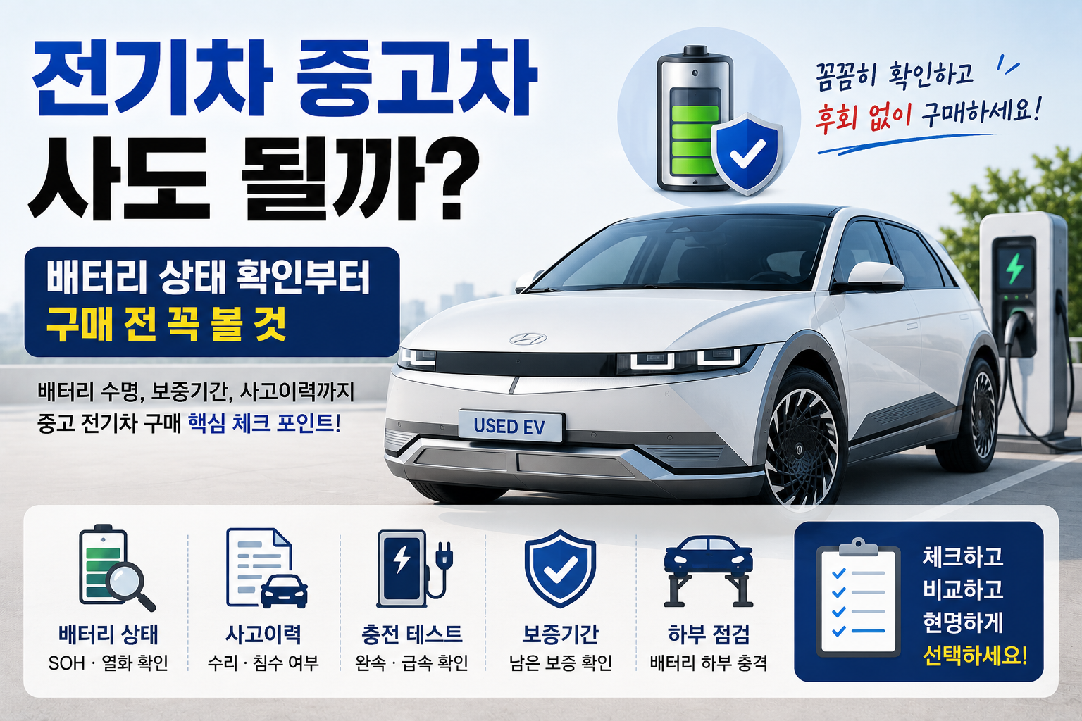중고 전기차와 배터리 아이콘을 크게 배치하고 ‘중고 전기차 사도 될까?’라는 문구를 중심으로 구성한 심플한 모바일 이미지