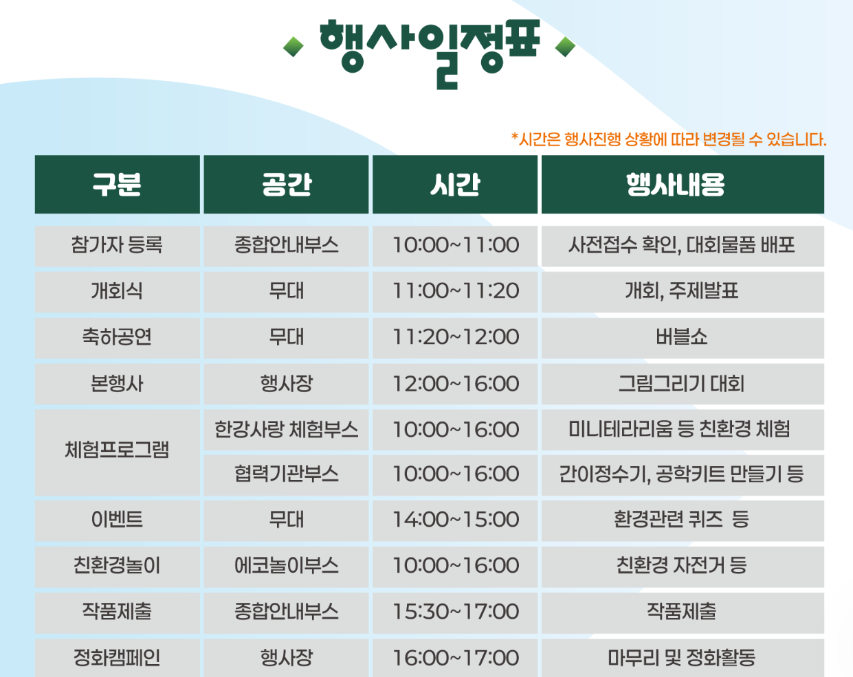 한강사랑 그림그리기 대회 행사일정표