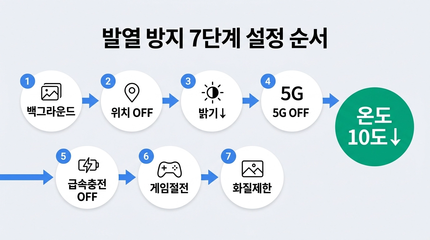 여름 스마트폰 발열 방지 7단계 설정 절차 인포그래픽