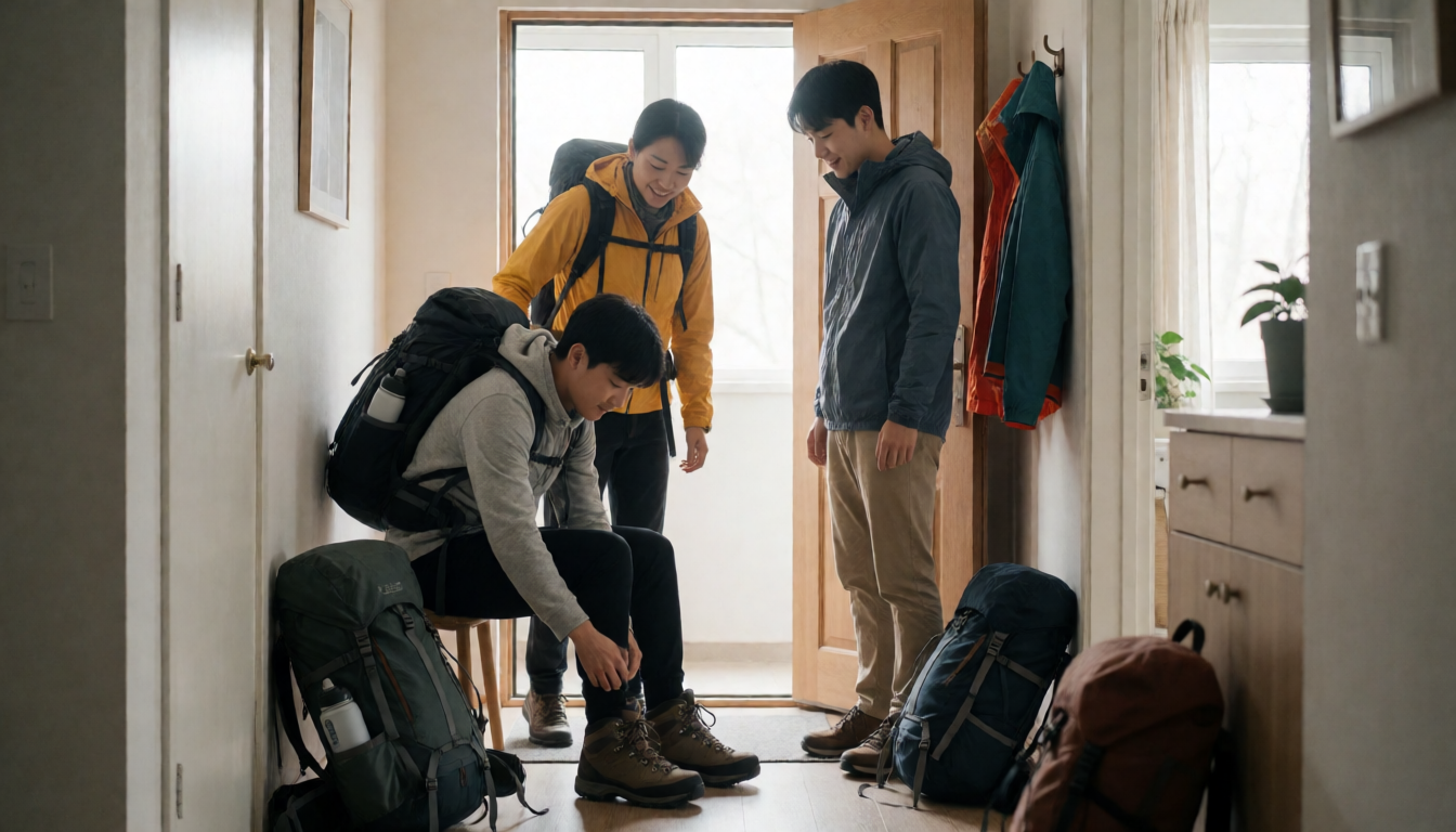 현관 앞에서 배낭을 메고 등산화와 겉옷을 점검하는 성인 세 명