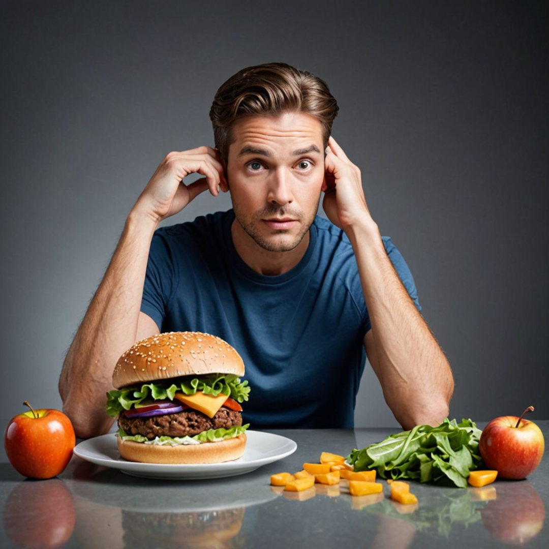 햄버거와 사과 사이에서 고민하는 듯한 표정의 남성이 식탁 앞에 앉아 있으며, 두 손으로 머리를 감싸듯 대고 혼란스러운 표정을 짓고 있는 모습