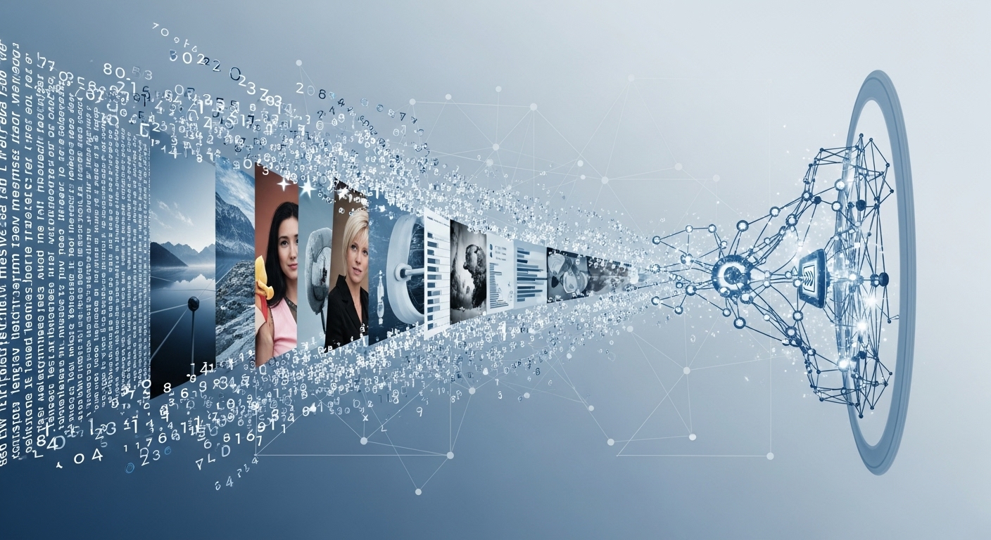 다양한 데이터가 인공신경망으로 흘러 들어가 학습하는 머신러닝 과정을 추상적으로 표현한 이미지.