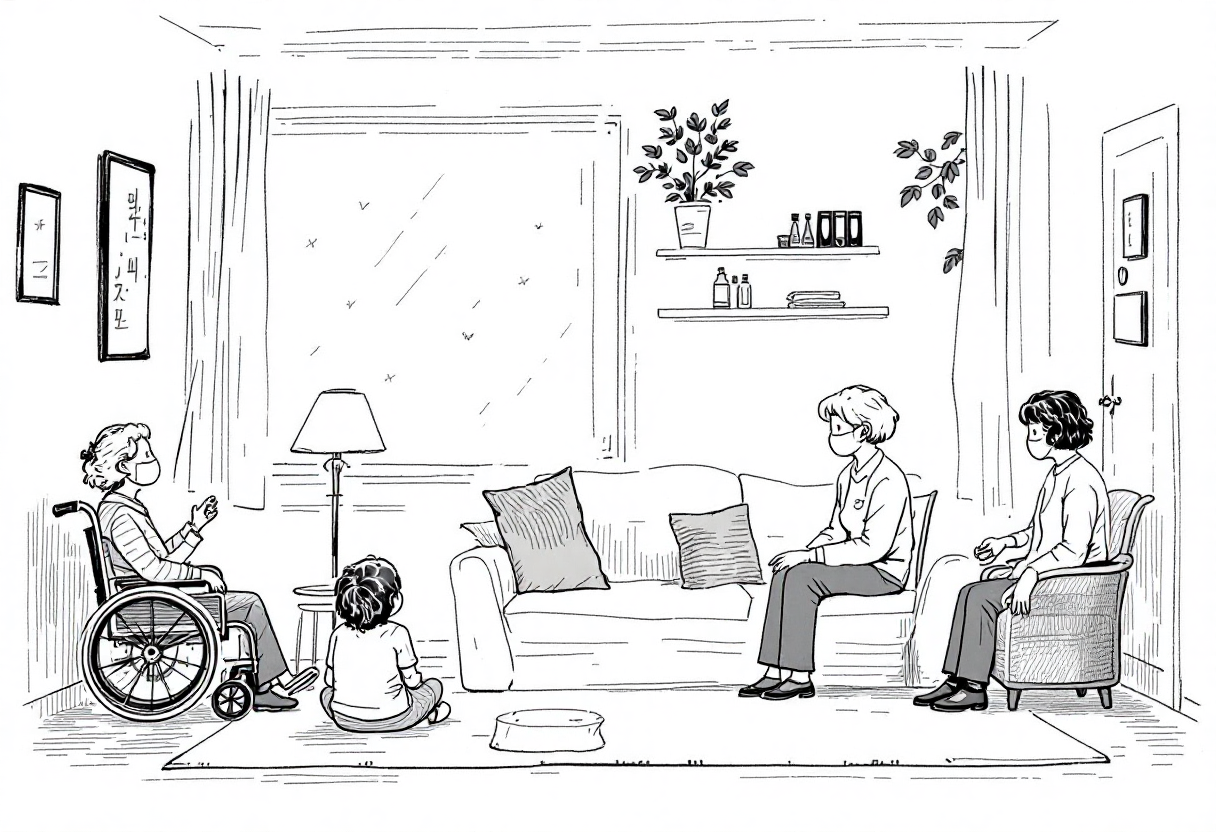 췰체어에 탄 할머니와 가족들이 집에서 쉬는 모습