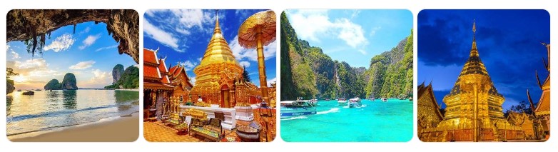 태국 최고의 여행지 다섯 곳을 대표하는 풍경 이미지 – 라일레이 비치, 왓 프라탓 도이수텝, 푸켓 해변, 치앙마이 사원