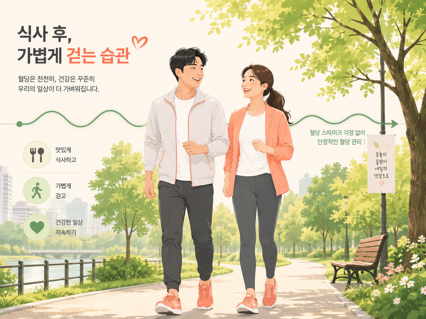식사 후 가볍게 야외 산책을 하거나 뒤꿈치를 들며 포도당을 소비하는 사람들의 모습