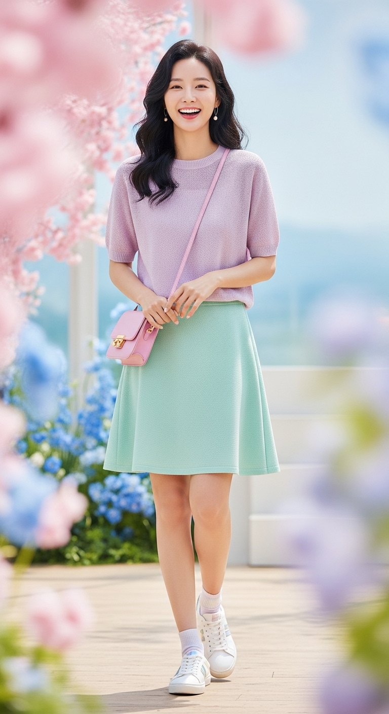 파스텔 톤의 니트와 스커트를 매치하여 화사한 분위기를 자아내는 전신 샷