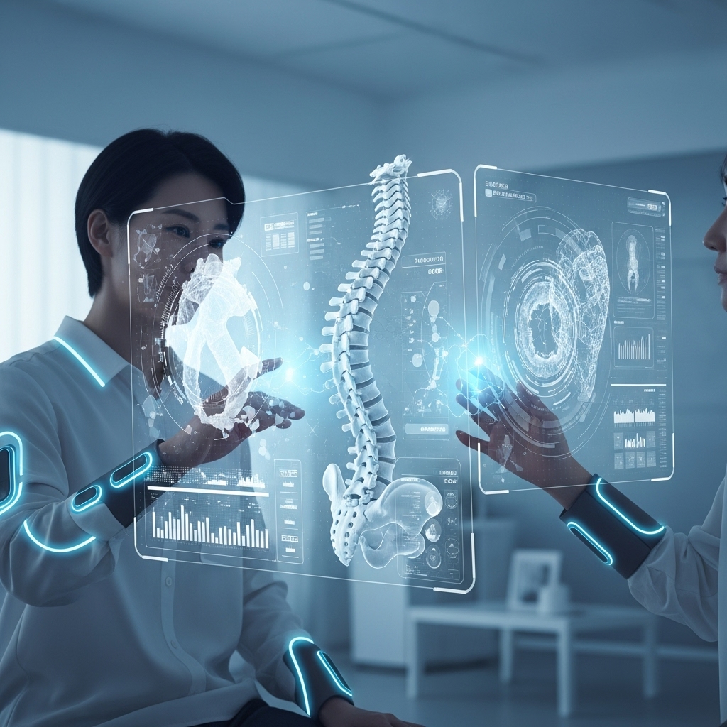 2025년 AI 기술로 허리 건강을 진단하고 관리하는 미래형 모습. 스마트 웨어러블을 착용한 사람이 홀로그램 스크린을 통해 척추 데이터를 분석하고, 개인 맞춤형 치료 계획을 확인하는 장면.