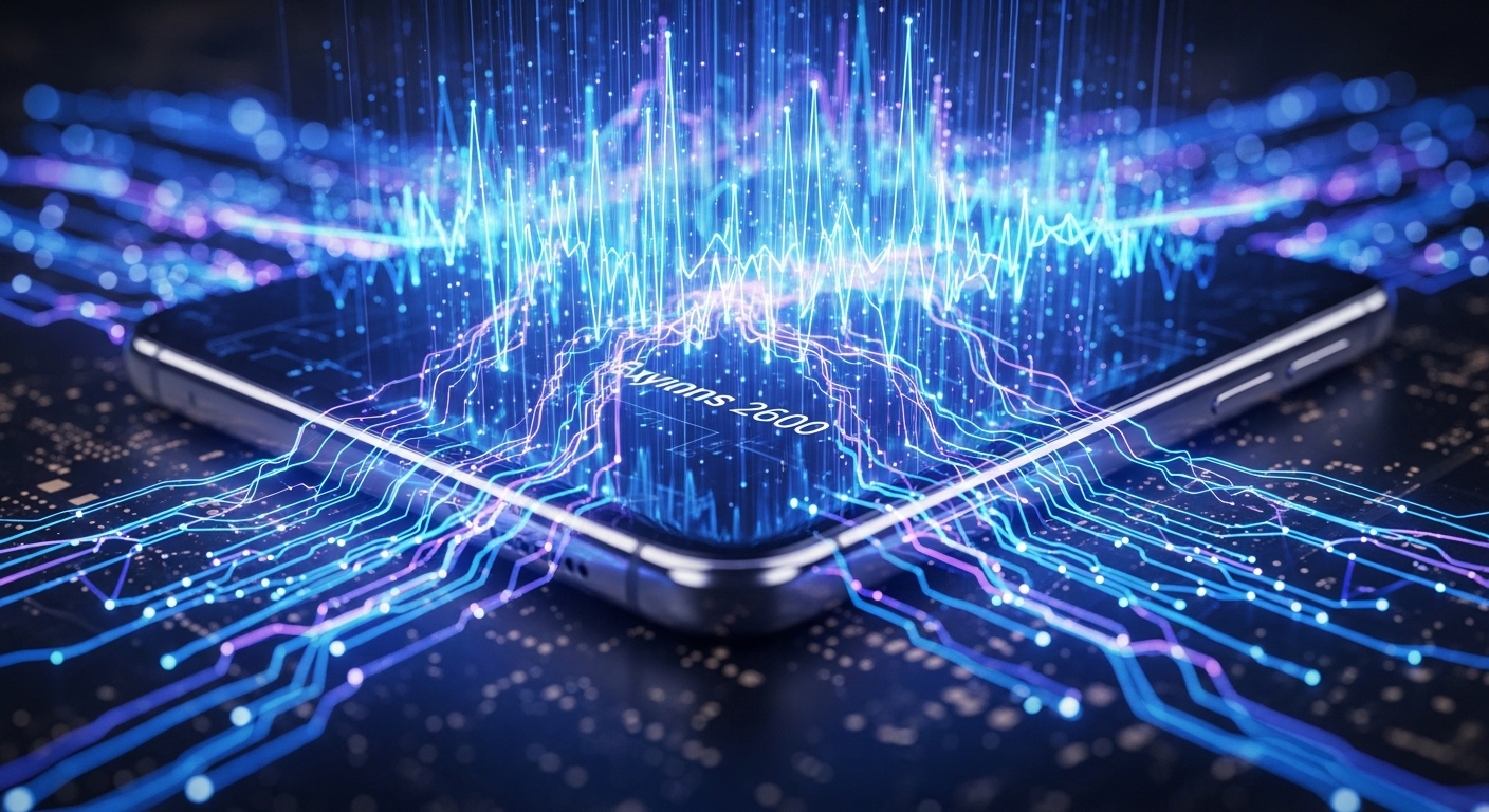Intense image of AI brainwaves emanating from a smartphone equipped with the Exynos 2600 chipset.