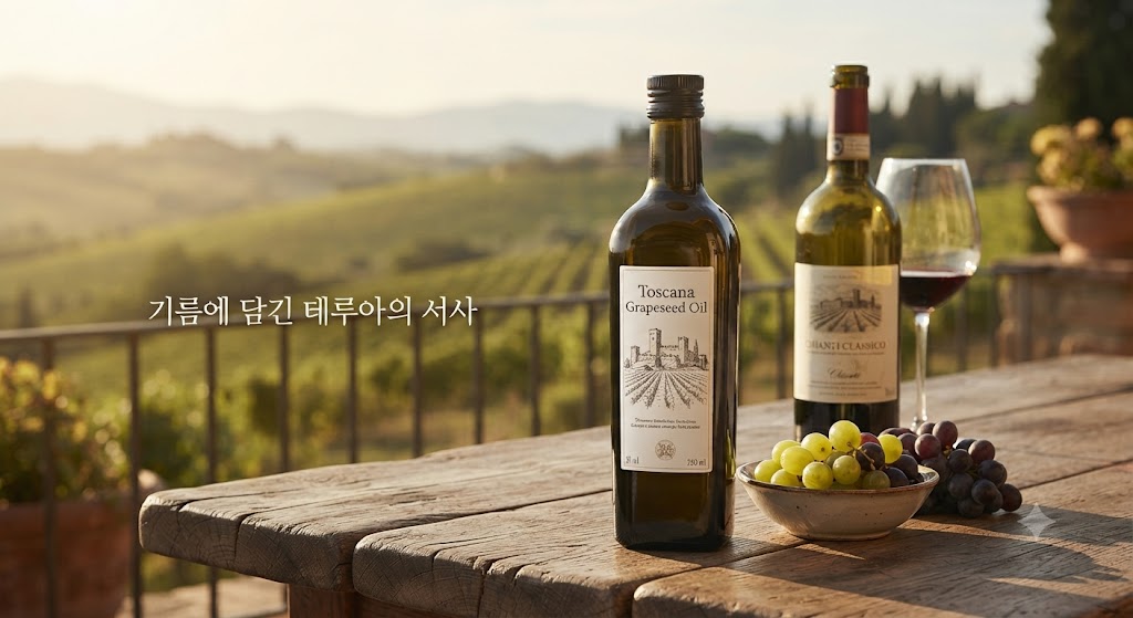 포도씨유의 프리미엄 서사를 시각화합니다. 프랑스 보르도나 이탈리아 토스카나의 그림 같은 포도밭 언덕을 배경으로, 고급스러운 나무 테이블 위에 '샤토 마고(Château Margaux)' 와인 병과 함께 같은 와이너리의 포도밭 이름이 새겨진 프리미엄 포도씨유 병이 놓여 있습니다. '기름에 담긴 테루아'의 개념을 표현합니다.
