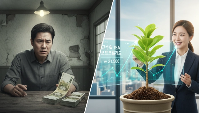 ISA를 통한 자산 성장 전략 비교. 왼쪽은 인플레이션으로 줄어드는 자산, 오른쪽은 ISA로 성장하는 자산을 보여주는 모습.