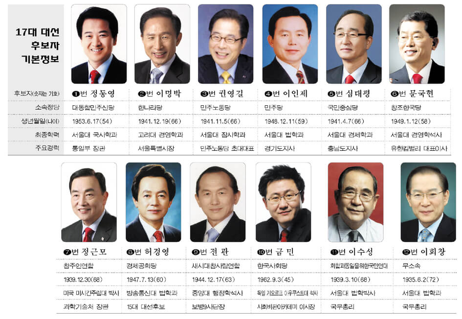 17대 대통령 선거 대선 후보 결과 득표율