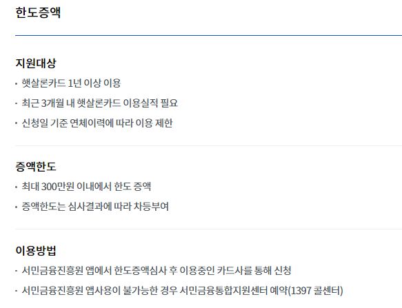 햇살론카드 신청자격 신청방법 한도증액