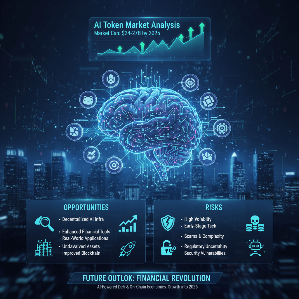 AI 토큰 시장 분석: 2025년까지 $24-27B 시장 규모 전망, 기회와 위험 요소 및 AI 기반 금융 혁명 미래 전망을 담은 이미지