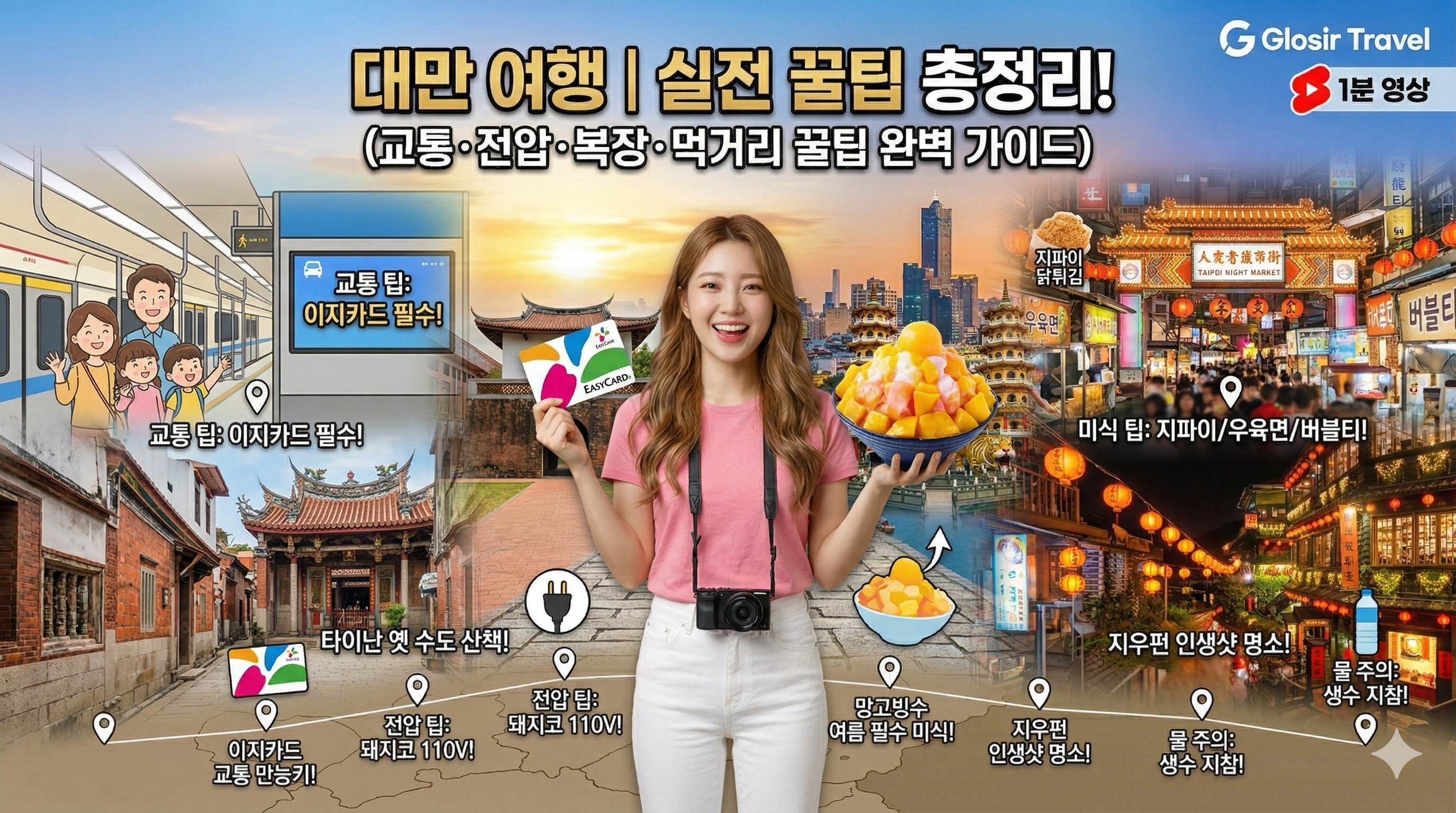 대만의 실전 여행 꿀팁이 역동적으로 합성된 파노라마 이미지. 중앙에는 갈색 웨이브 머리를 한 예쁜 한국 여성 여행자(image_54.png와 동일 인물)가 서 있다. 그녀는 핑크색 반팔티와 화이트 일자 청바지를 입고 카메라(image_54.png)를 어깨에 매고 환하게 웃으며 양손으로 이지카드(교통카드)와 망고 빙수 아이콘을 들고 있다. 그녀의 뒤편으로 툭툭, MRT역, 야시장, 펑후 해변 등 대만의 핵심 여행지가 통합된 배경이 펼쳐진다. 각 꿀팁(교통, 전압, 복장, 먹거리)에 해당하는 아이콘과 한국어 설명이 시인성 좋게 배치되어 있다. 상단에는 '대만 여행 ❘ 실전 꿀팁 총정리!'라는 제목이 있다. 우측 상단에는 'Glosir Travel' 로고와 '1분 영상' 아이콘이 있다.