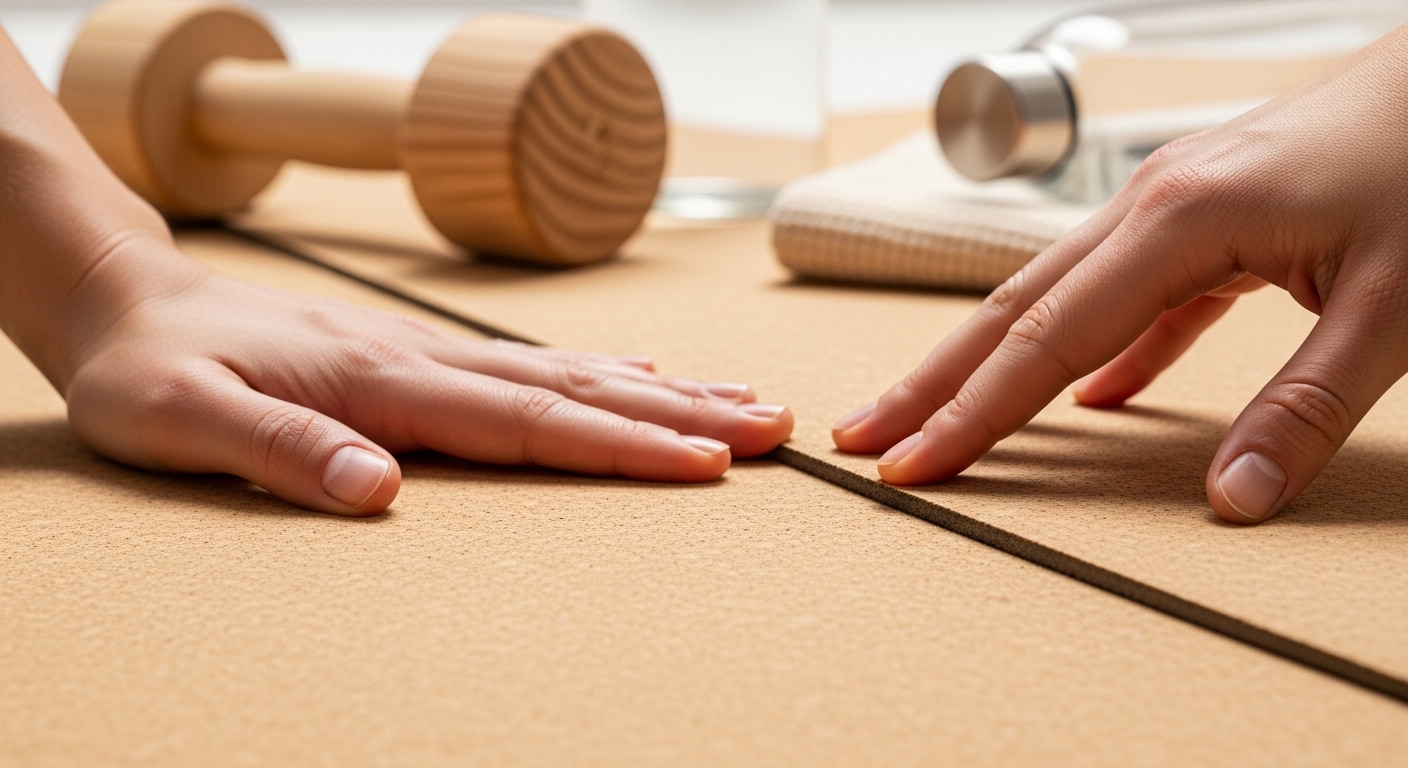 손으로 천연 코르크 요가 매트의 질감을 확인하는 모습. 친환경 소재의 질감과 디테일이 강조됨.