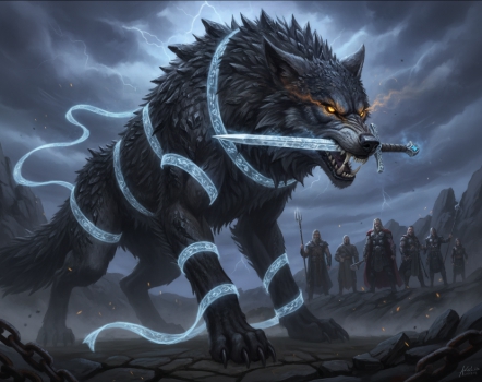 글레이프니르에 묶인 거대한 늑대 펜리르 일러스트