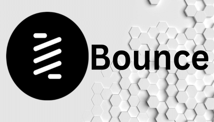 바운스 토큰의 로고, 검은색 동그란 바탕에 하얀색 선으로 그려진것 옆에 bounce 라고 까만 텍스트로 적혀있다. 배경에는 벌집모양의 형태로 그려져 있다.