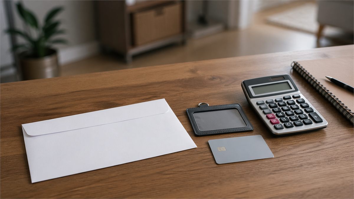 고유가 피해지원금 신청을 준비하며 신분증과 카드&amp;#44; 계산기를 책상 위에 정리한 장면 