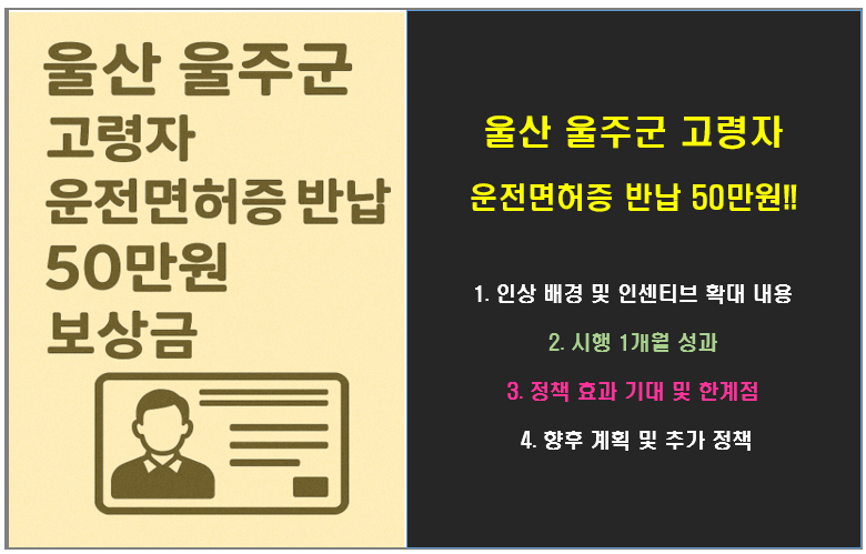 울산 울주군 고령자 운전면허증 반납 보상금 50만원!! 5배 인상!