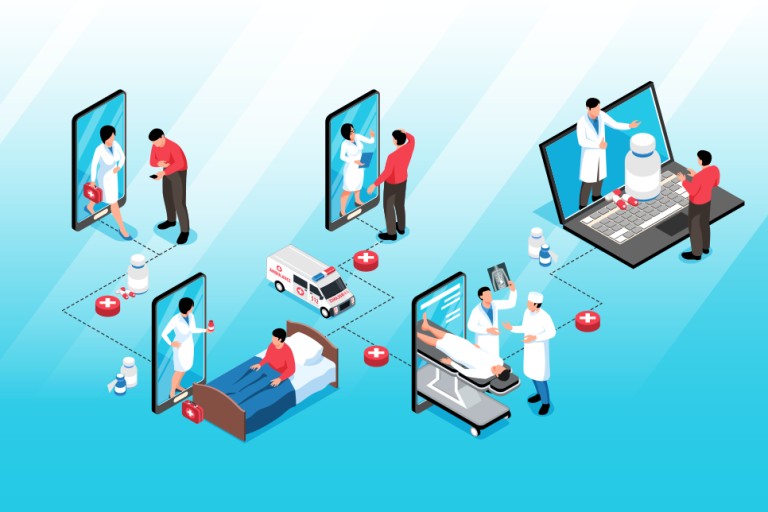 디저털 헬스케어을 활용한 응급실 풍경 도식화한 그림