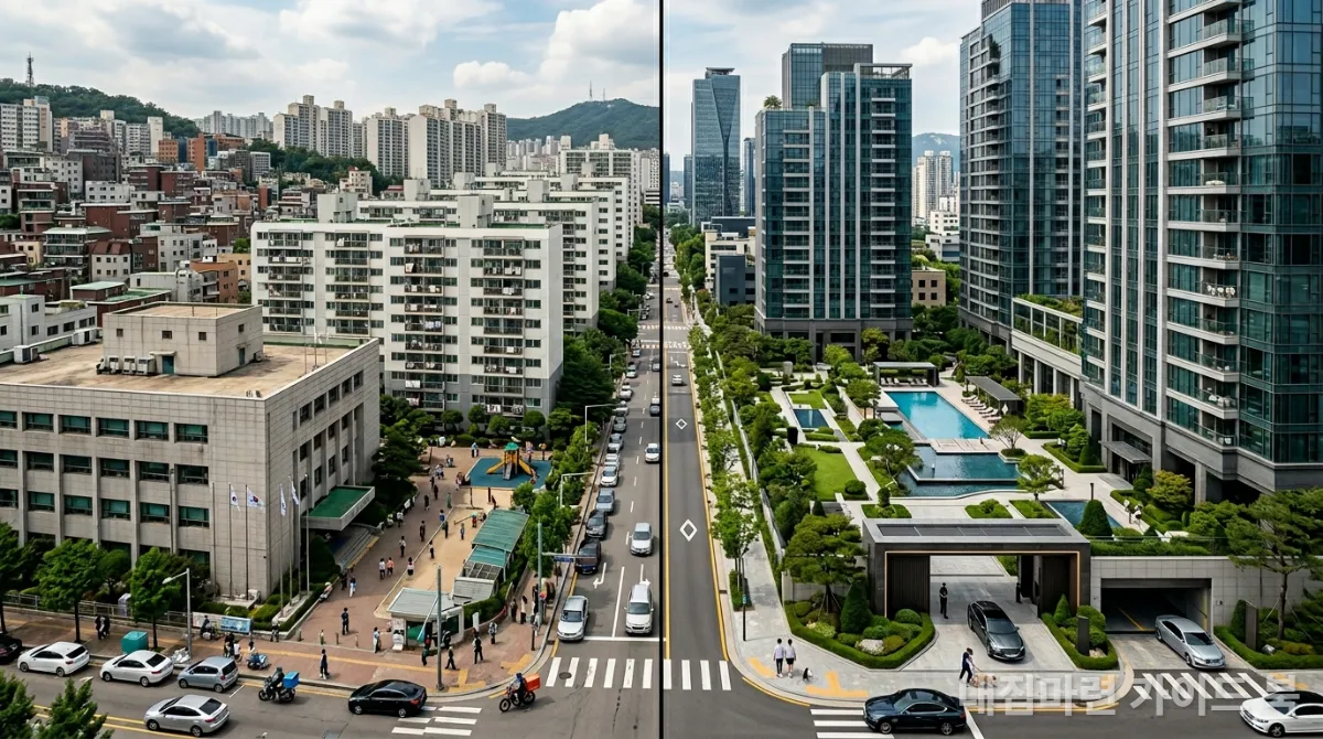 공공분양과 민간분양의 특징을 시각적으로 비교하는 일러스트