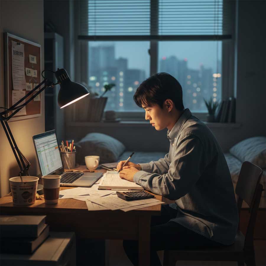 청년월세지원 탈락 후 전세대출 월 이자와 신용대출 상환액을 계산하는 청년의 모습