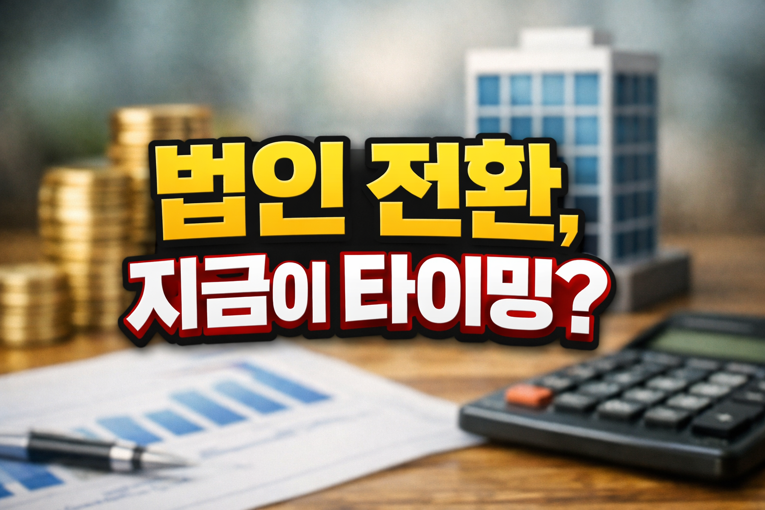 개인사업자 vs 법인사업자 비교 썸네일, 계산기와 동전, 건물 모형 일러스트