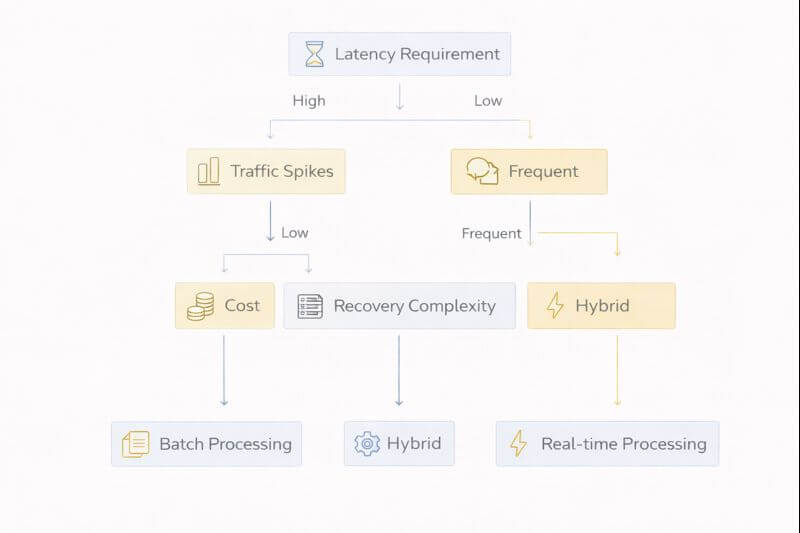 지연 허용 여부와 트래픽 변동, 비용, 실패 복구 난이도를 기준으로 배치 또는 실시간을 고르는 흐름도이다.