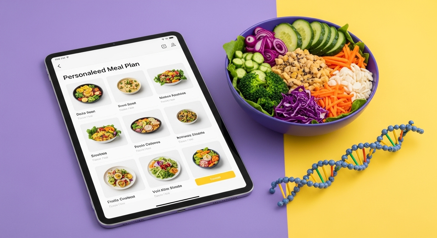 AI가 제안하는 개인 맞춤형 식단이 태블릿에 표시되고, 신선한 식물성 재료와 DNA 모델이 함께 있는 모습.