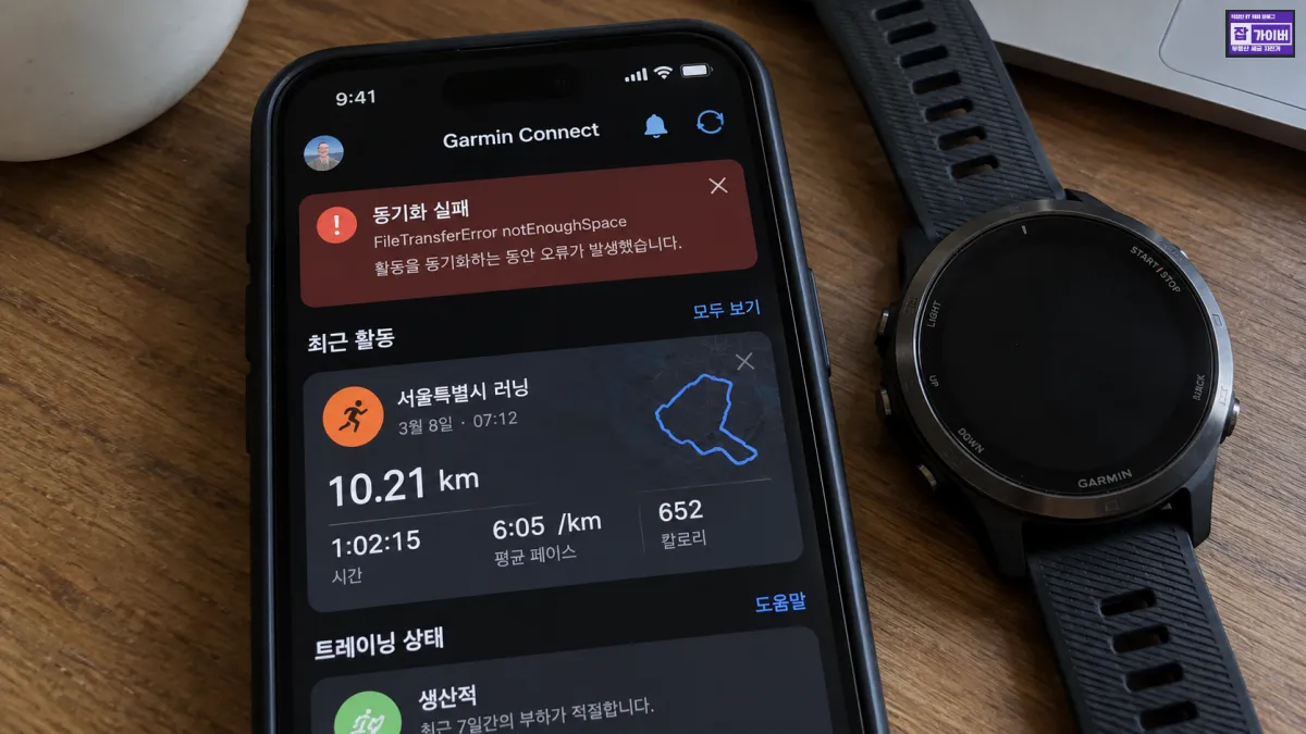 Garmin Connect Sync Failed FileTransferError notEnoughSpace 오류 메시지와 운동기록 동기화 실패 예시