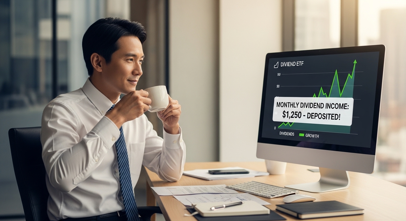 40대 직장인이 커피를 마시며 컴퓨터로 배당 ETF 수익률 그래프를 확인하는 모습