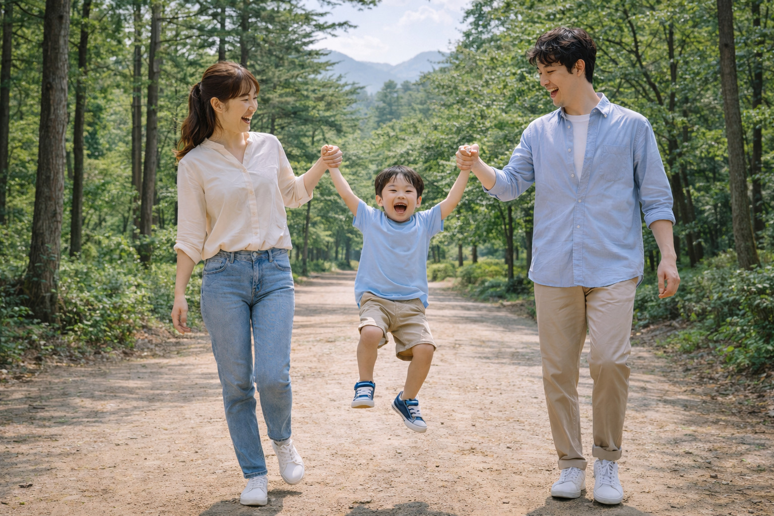 산속 흙길에서 엄마와 아빠의 손을 잡고 5살 남자아이가 점프하며 웃고 있는 행복한 가족의 모습