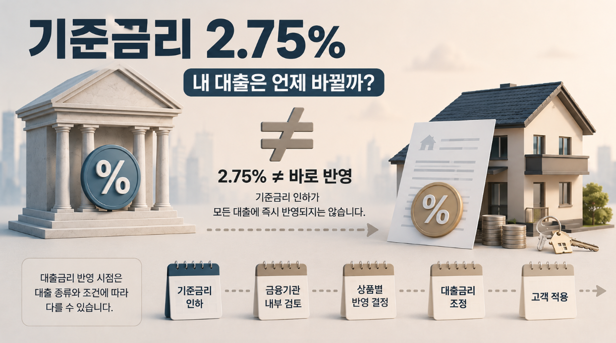 한국은행 기준금리 2.75% 인상과 개인 대출금리 반영 시점이 다를 수 있음을 보여주는 이미지