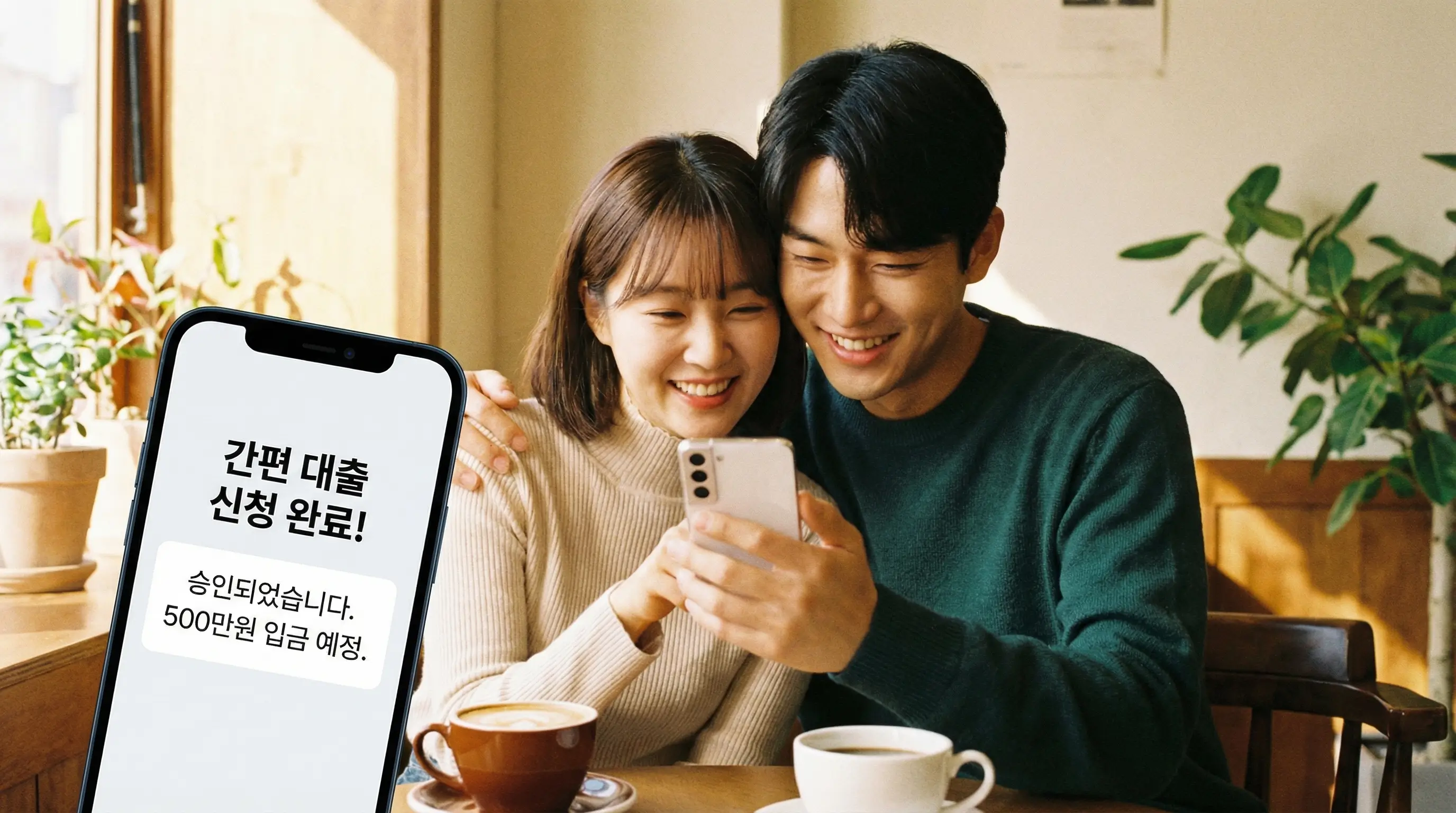 스마트폰으로 간편하게 대출을 신청하고 승인 완료 메시지를 확인하는 긍정적인 모습