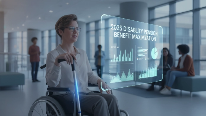 2025년 장애인 연금 혜택을 극대화하기 위해 디지털 정보를 탐색하는 장애인의 모습