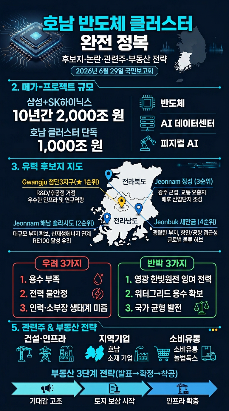 호남 반도체 클러스터, 후보지, 논란, 위치, 입지, 반응, 메가프로젝트 국민보고회 날짜, 시간, 내용, 관련주, 부동산 투자 전략