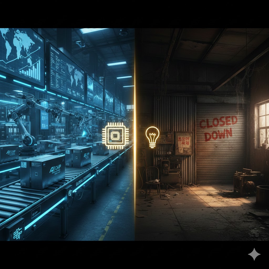 반도체 기반의 첨단 자동화 물류 센터와 폐업하여 방치된 중소 제조 공장의 대비를 통해 한국 경제의 양극화를 표현한 개념 이미지